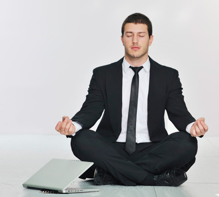 business man practice yoga at network server room